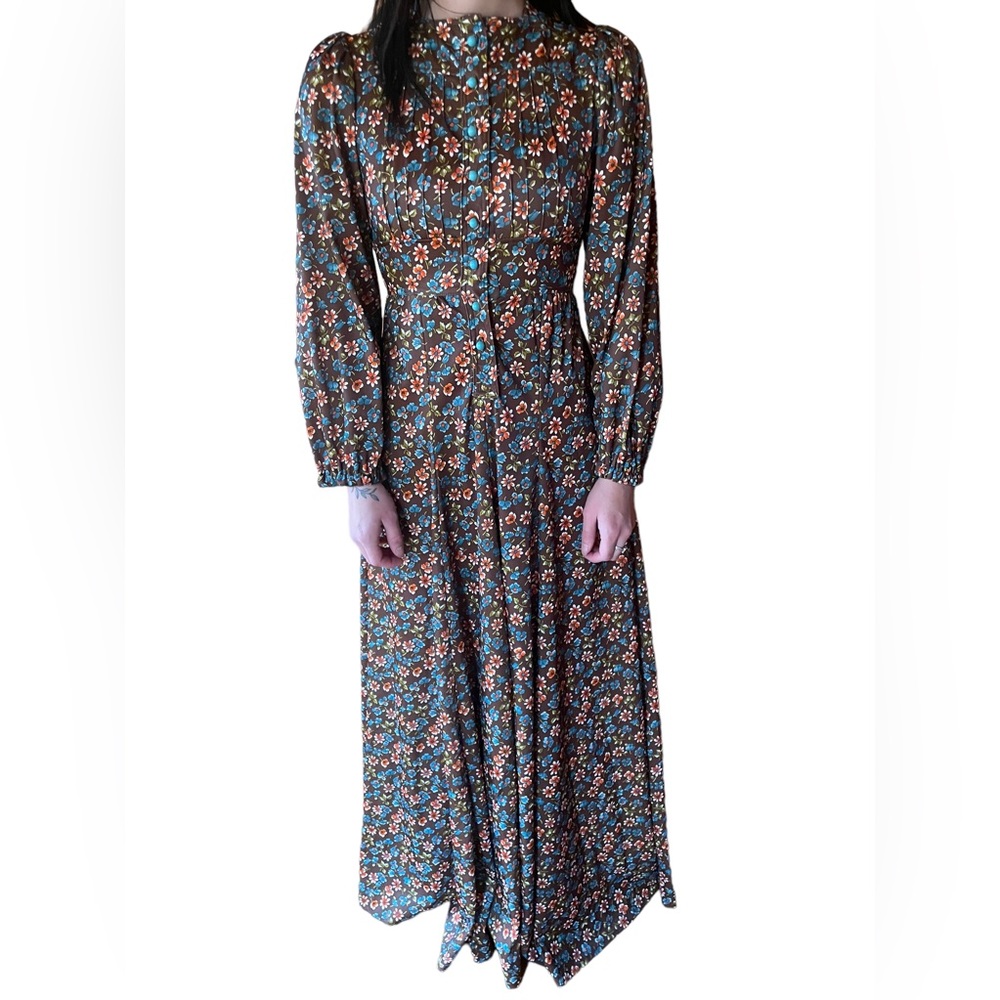 1970s Brown & Multi-Color Floral Prairie Maxi Dress